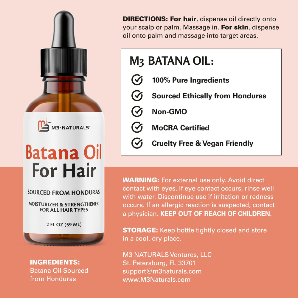 Close-up of M3 Naturals Batana Oil highlighting pure, unrefined formula for hydration.