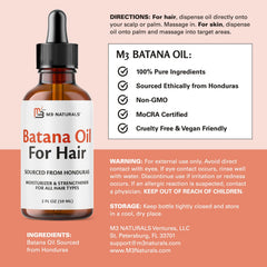 Close-up of M3 Naturals Batana Oil highlighting pure, unrefined formula for hydration.