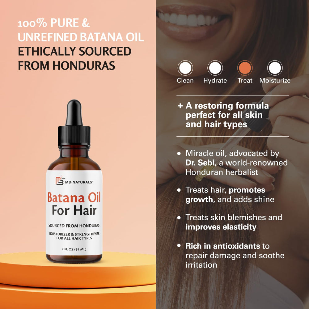 Droplet of M3 Naturals Batana Oil on hair for shine and smoothness.