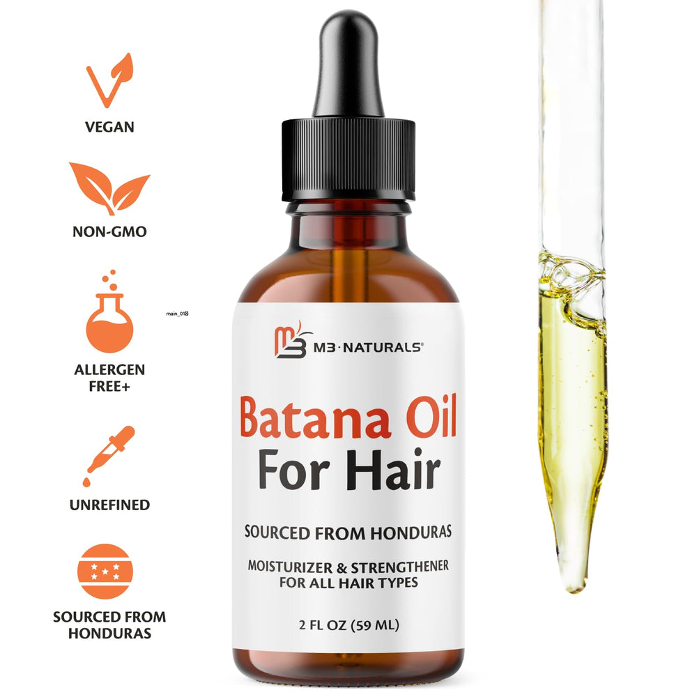 M3 Naturals Batana Oil label and seal emphasize vegan, cruelty-free quality.