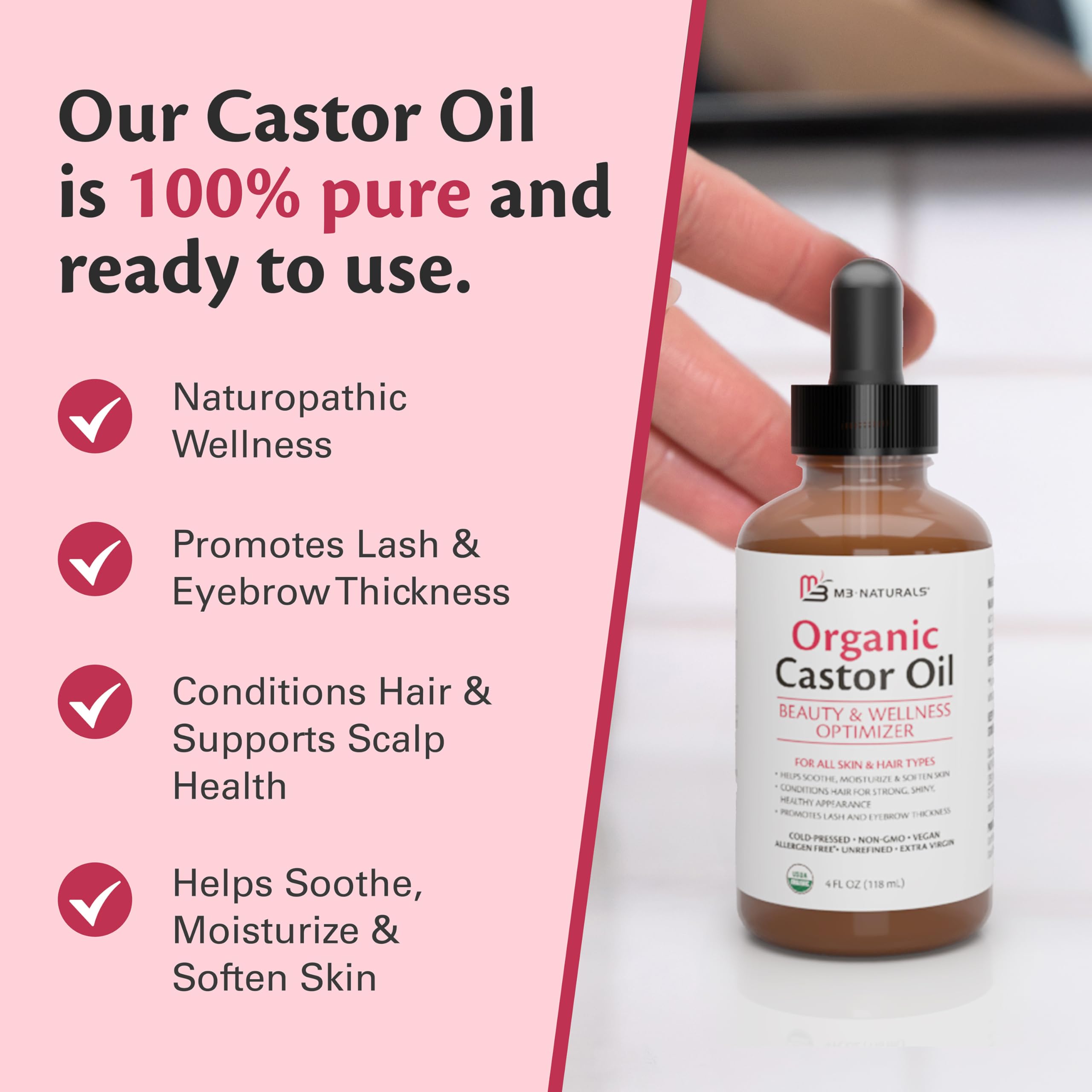 M3 Naturals castor oil suited for belly button oiling rituals.