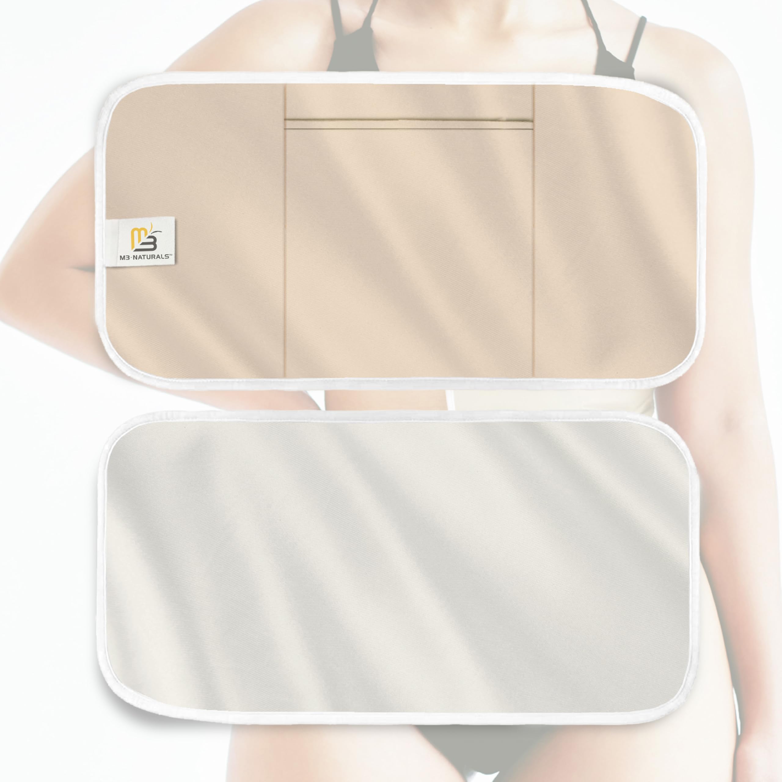 M3 Naturals Castor Oil Wrap abdomen application for hands-free wear.