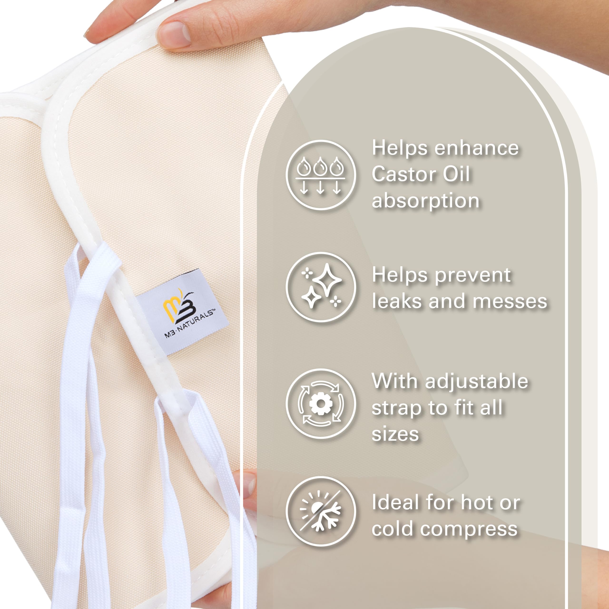 M3 Naturals Castor Oil Wrap on body demonstrates adjustable straps for a secure fit.