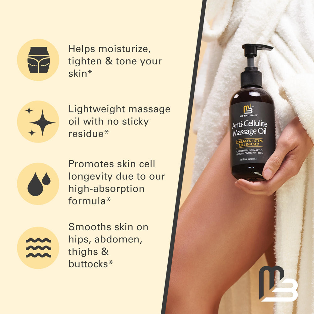 Hands applying M3 Naturals oil to legs for smoother skin.