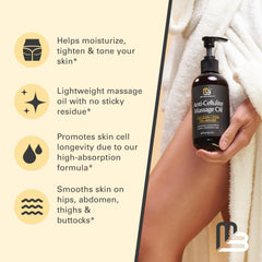 Hands applying M3 Naturals oil to legs for smoother skin.