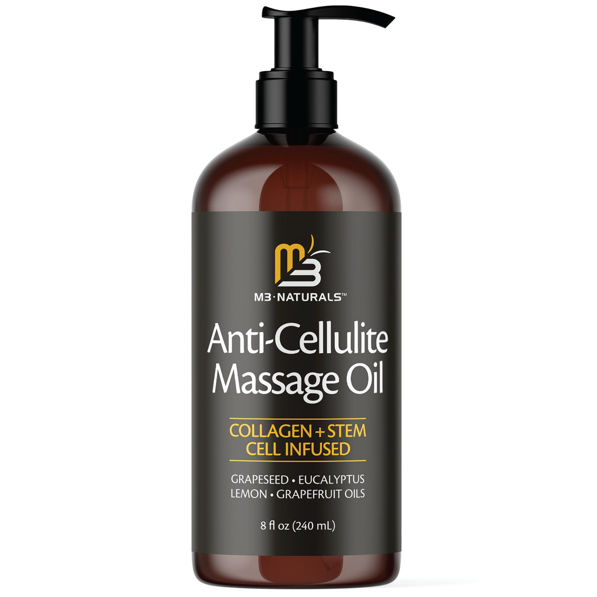 M3 Naturals Firming Oil bottle pour showing easy, smooth application for skin