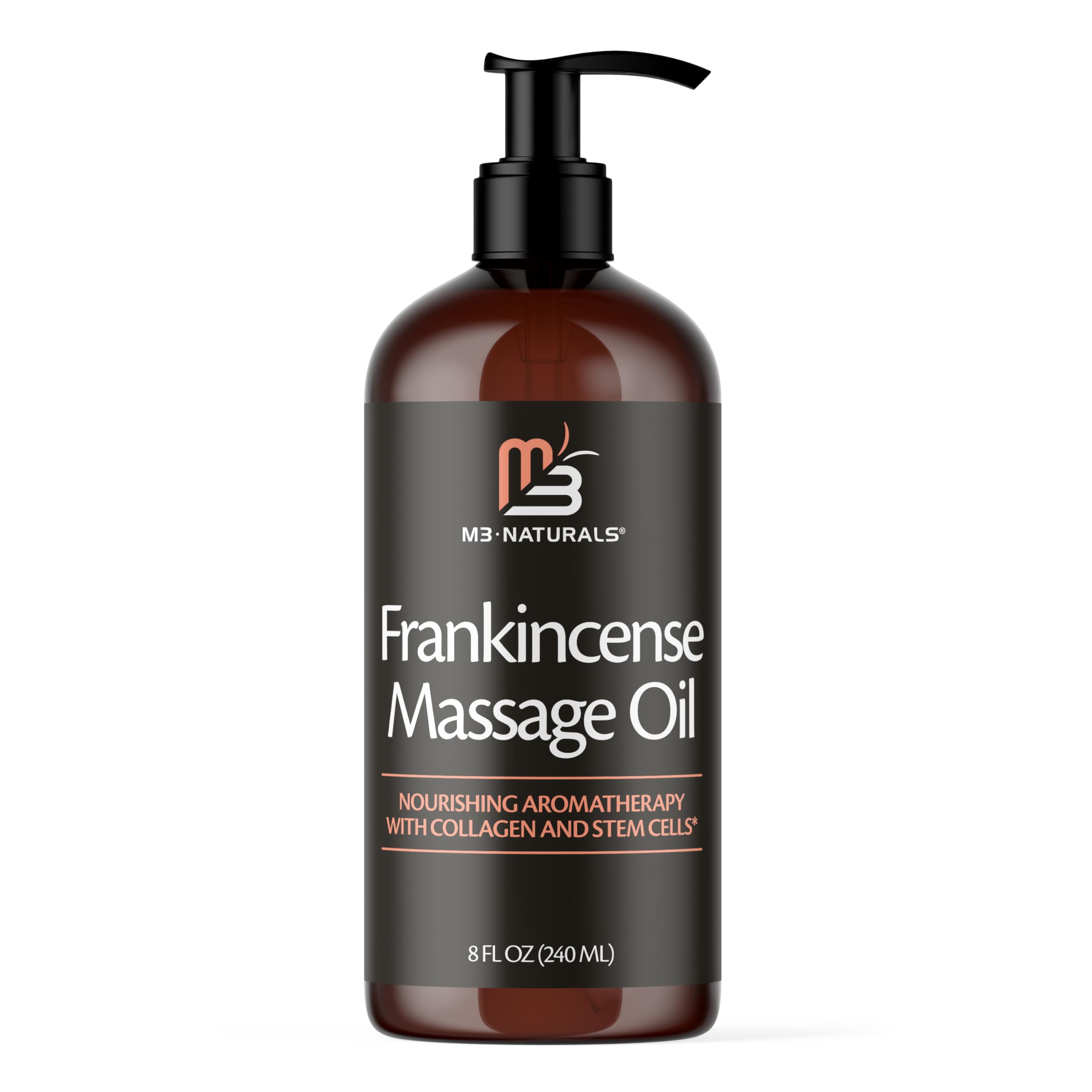 M3 Naturals frankincense oil bottle with calming aroma for a spa-like massage experience