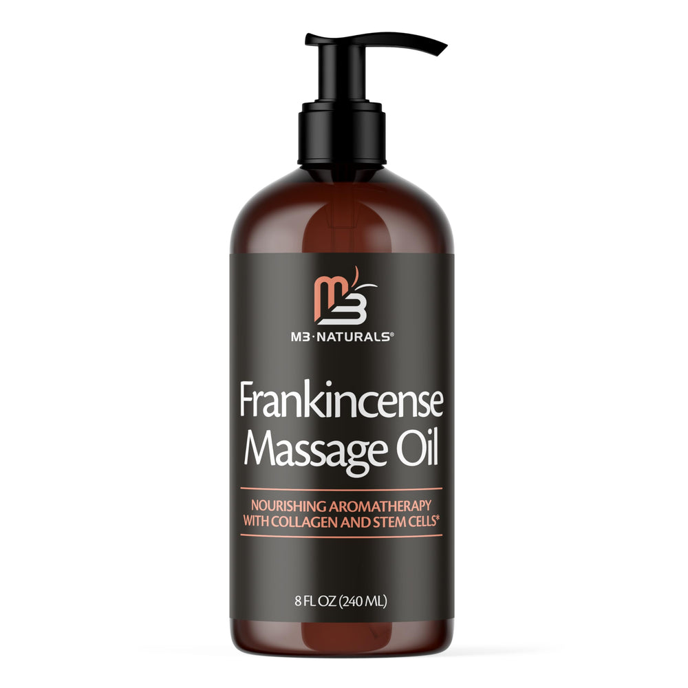 M3 Naturals frankincense oil bottle with calming aroma for a spa-like massage experience