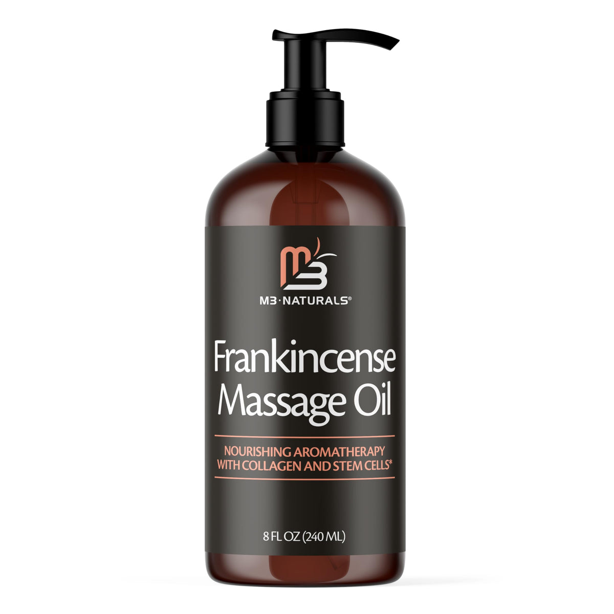 M3 Naturals frankincense oil bottle with calming aroma for a spa-like massage experience