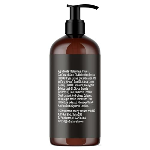 M3 Naturals grapeseed oil bottle featuring lightweight, quick-absorb formula