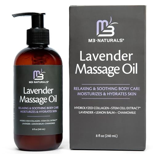 Hands applying M3 Naturals Lavender Massage Oil with calming lavender scent