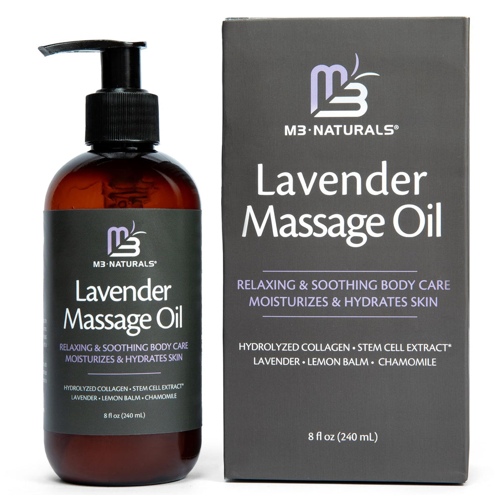 M3 Naturals Lavender Massage Oil applied to the belly area for targeted care