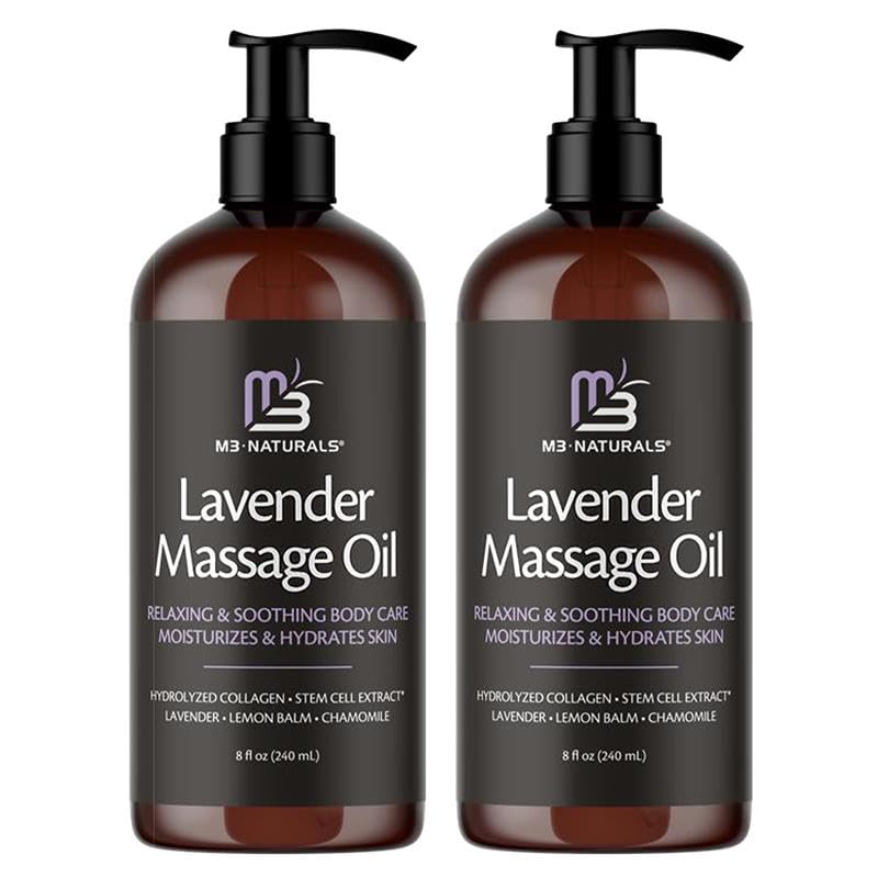 M3 Naturals Lavender Massage Oil bottle; quick absorption for smooth skin.