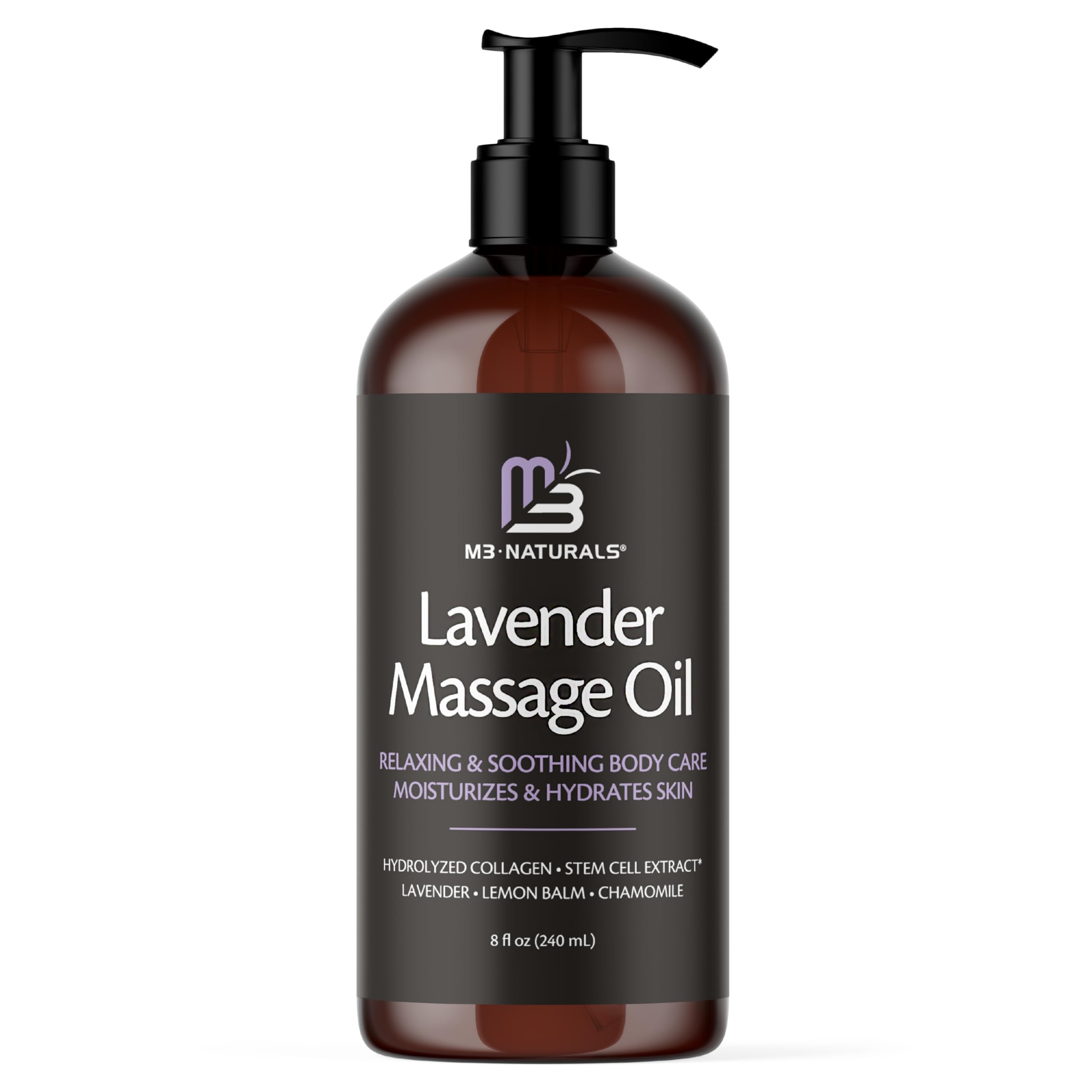 M3 Naturals Lavender Massage Oil bottle showing the product and label