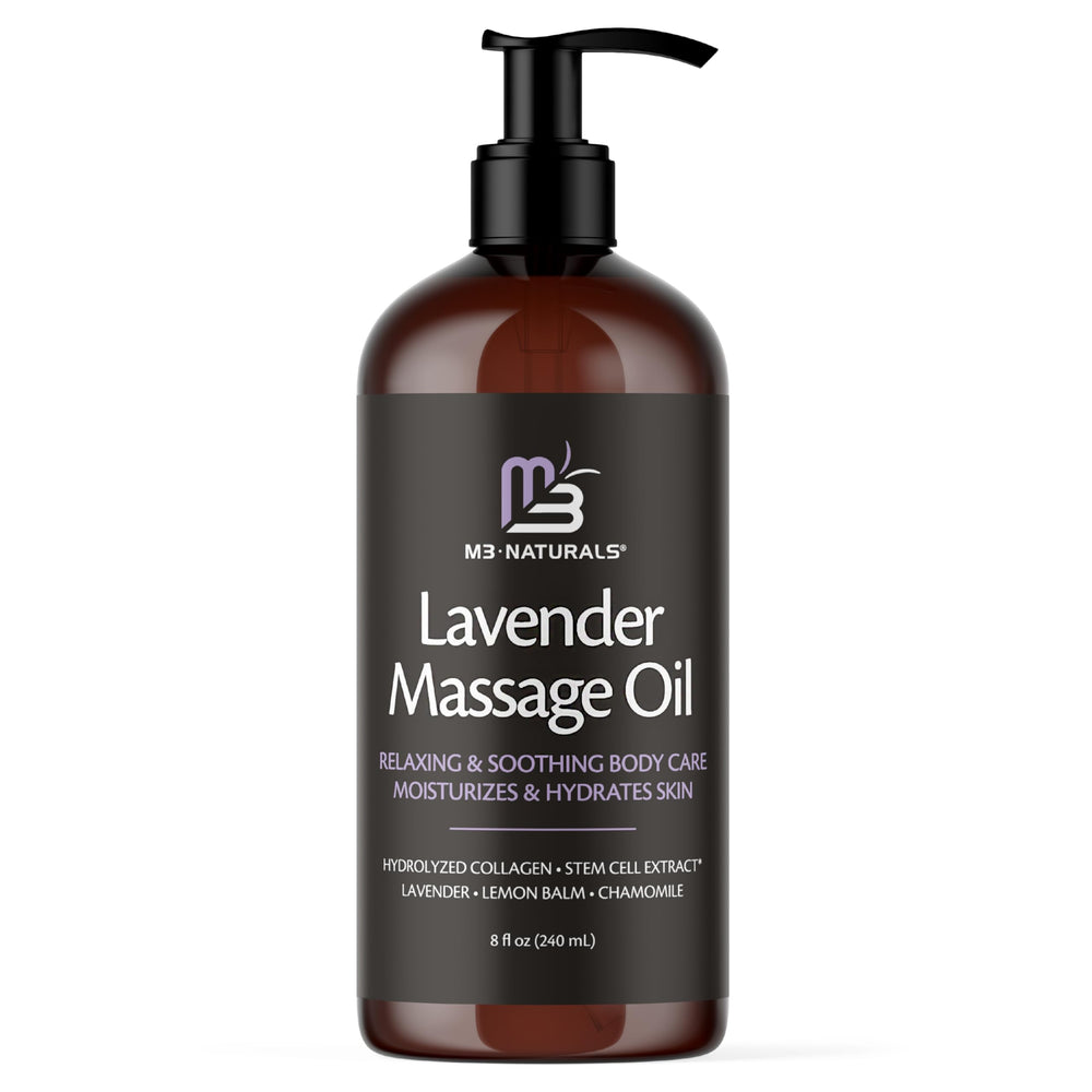 M3 Naturals Lavender Massage Oil bottle showing the product and label