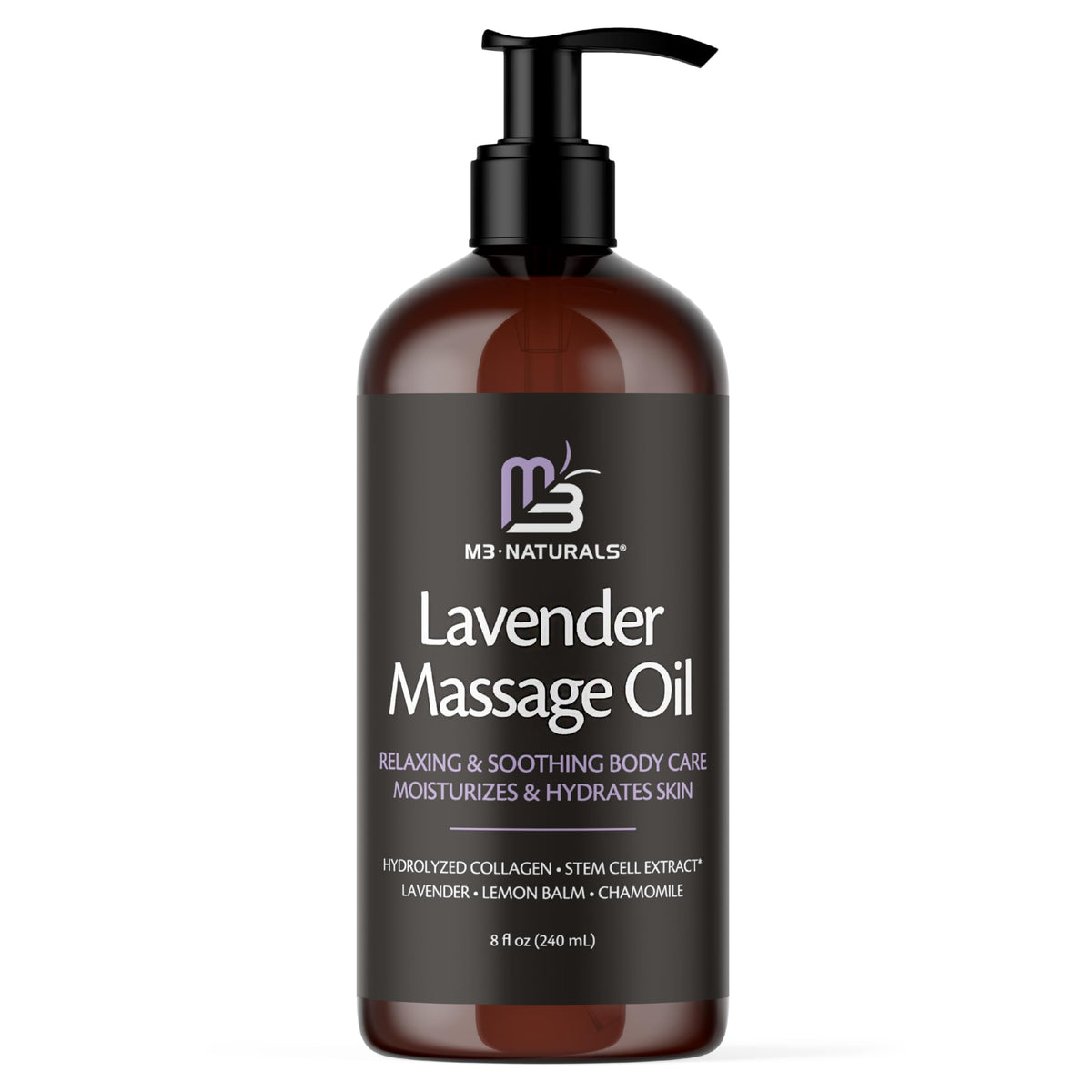 M3 Naturals Lavender Massage Oil bottle showing the product and label