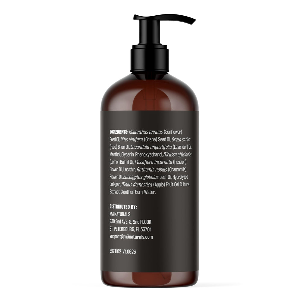 Close-up texture of M3 Naturals Lavender Massage Oil showing smooth consistency