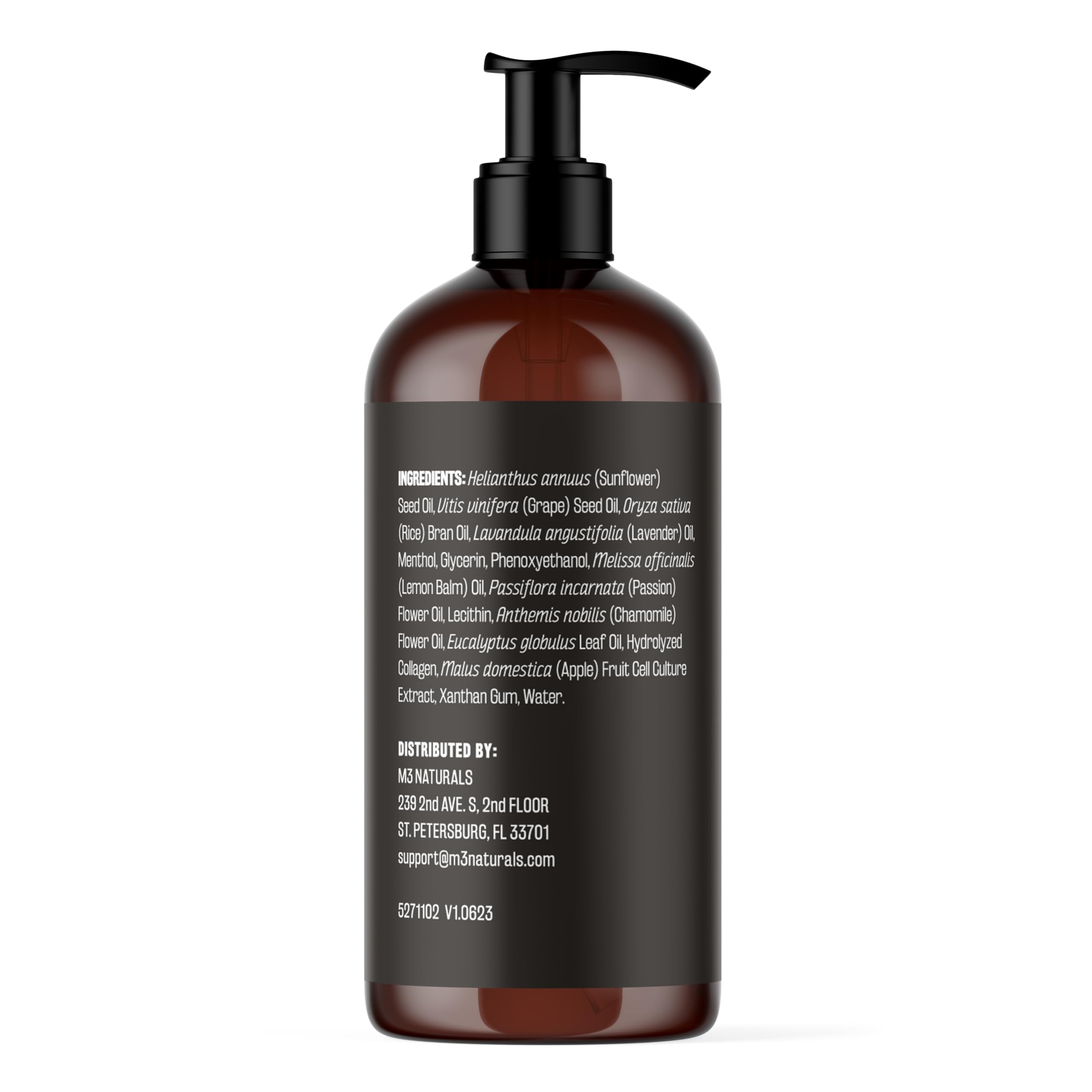 M3 Naturals Lavender Massage Oil pump; easy massage application.