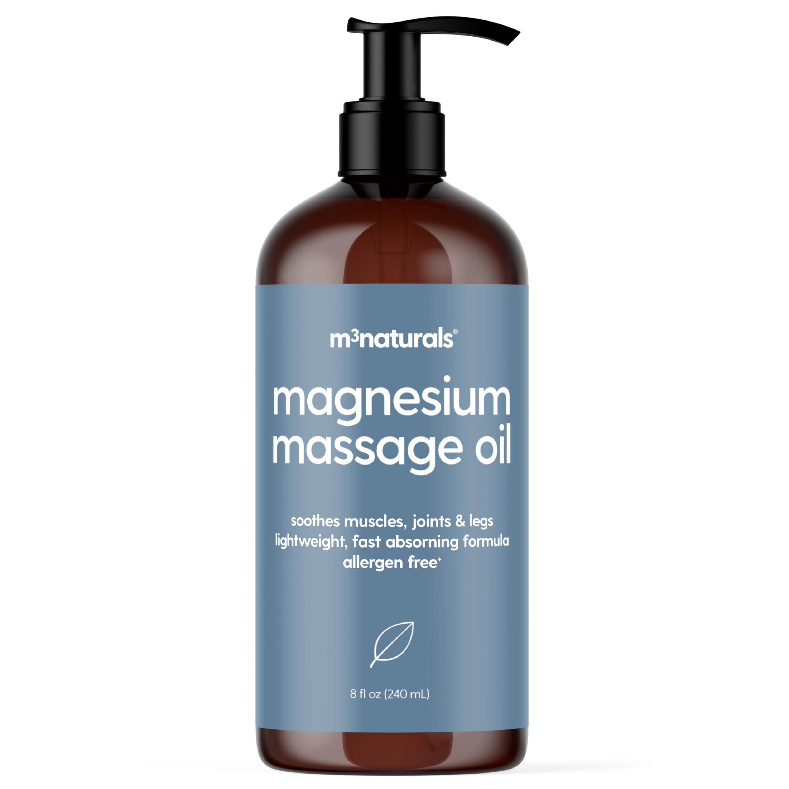 M3 Naturals magnesium massage oil bottle for soothing sore muscles after workout