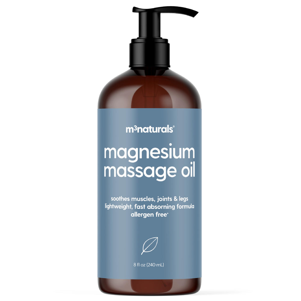M3 Naturals magnesium massage oil bottle for soothing sore muscles after workout
