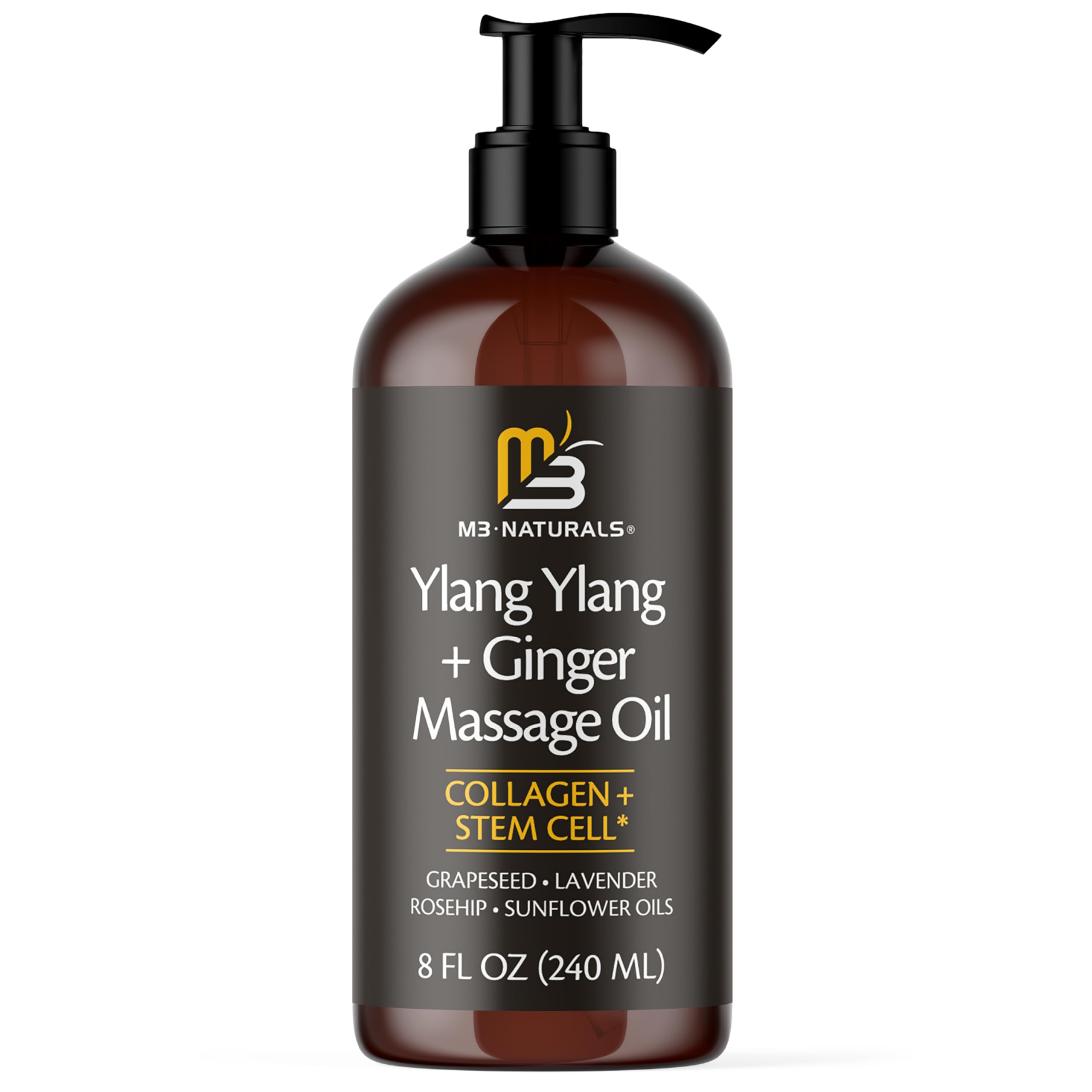 M3 Naturals Ylang Ylang + Ginger bottle pour for spa-like relaxation during massage.