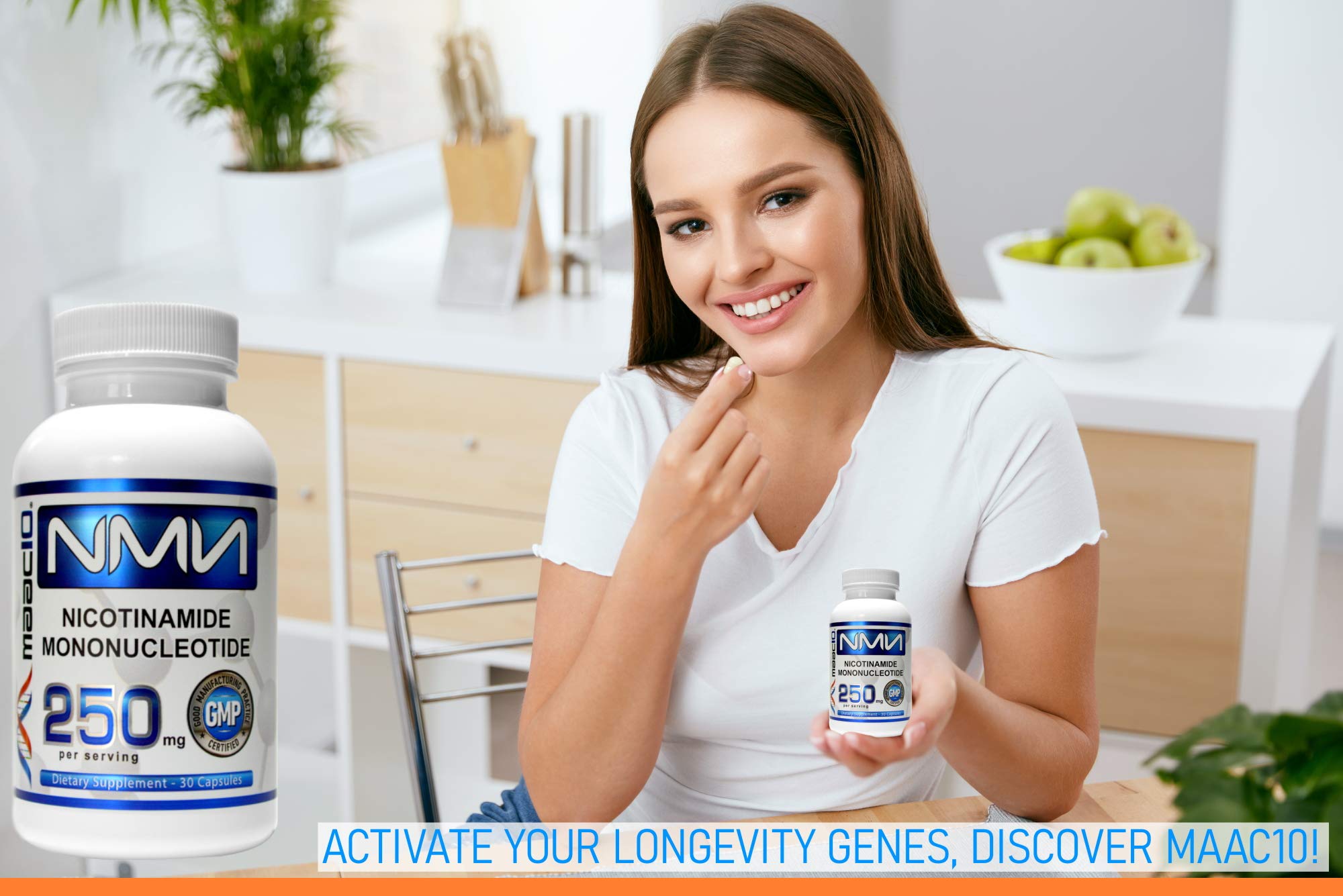 Maac10 NMN bottle with water suggests easy daily intake.