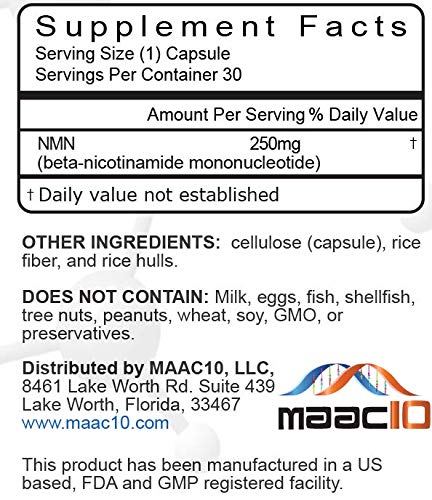 Maac10 NMN capsules closeup shows 250 mg dosage and high-purity formula.