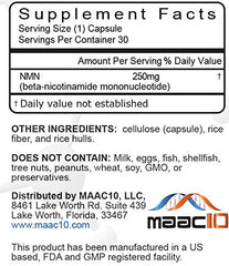 Maac10 NMN capsules closeup shows 250 mg dosage and high-purity formula.