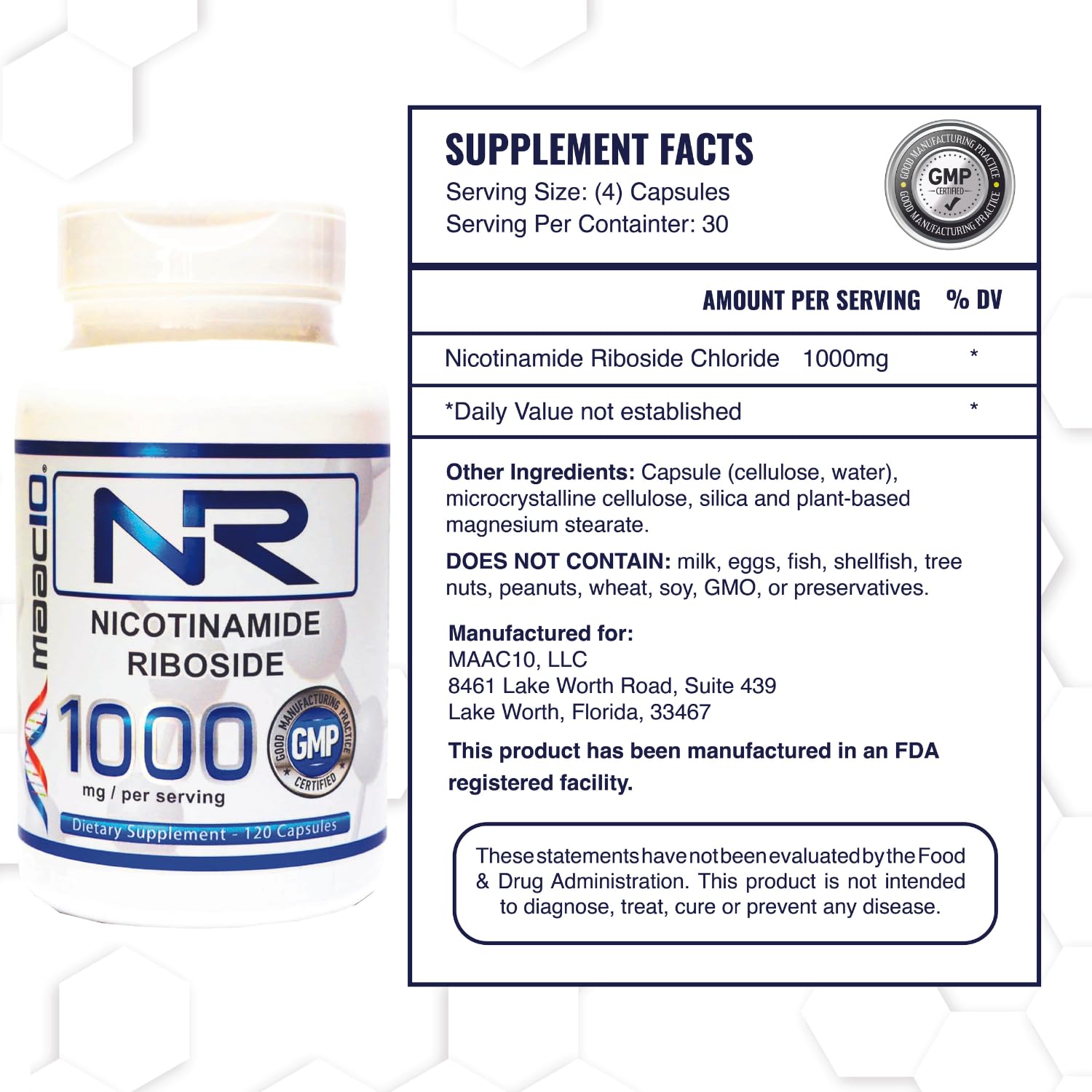 Close-up of MAAC10 NR capsules, 250 mg each, ideal for customizable dosing