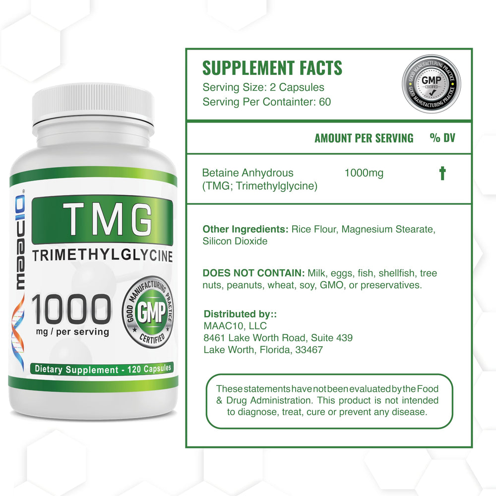 Closeup of MAAC10 TMG capsules for easy daily dosing and convenience.