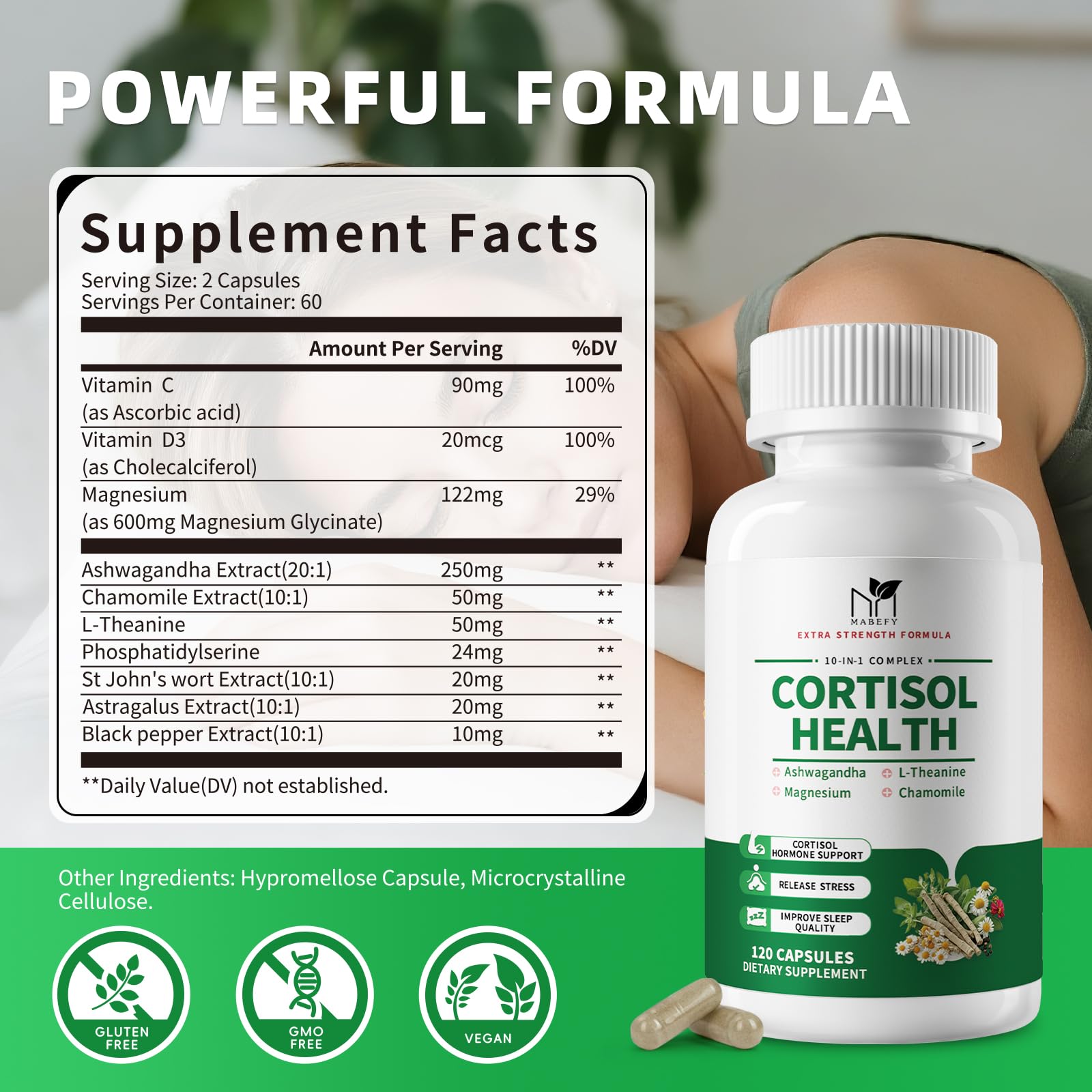 MABEFY Ashwagandha and L-Theanine capsules for calmer focus.