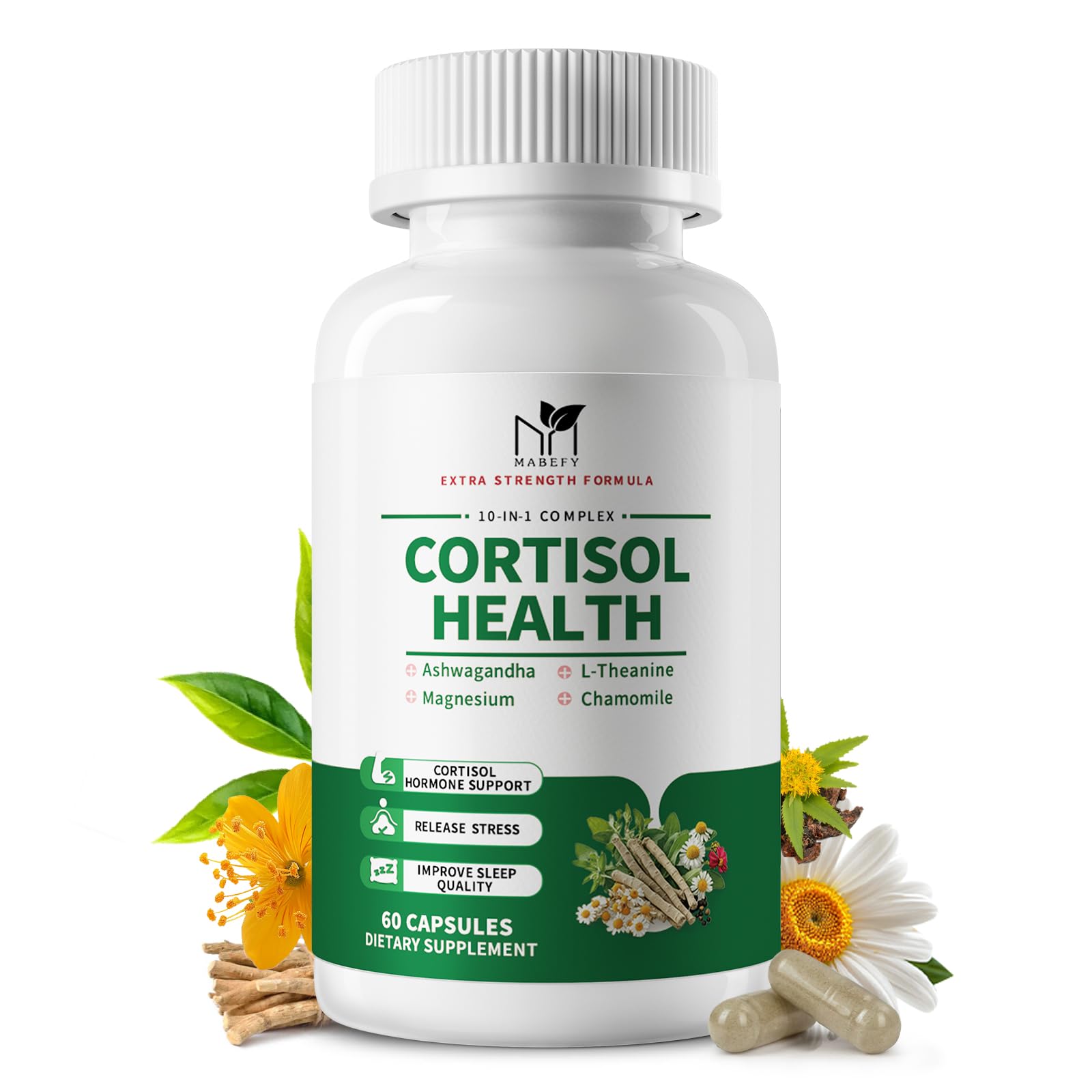 MABEFY Cortisol supplements bottle front for daily balance.