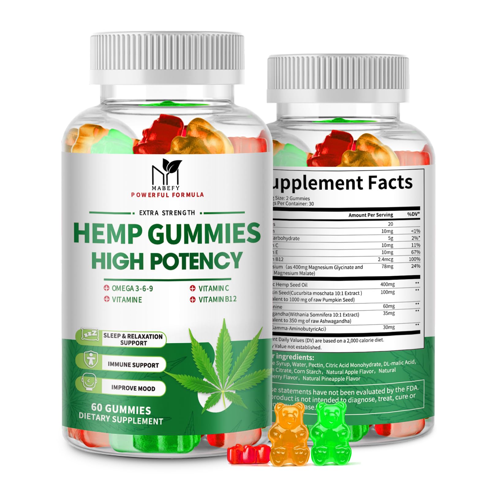 MABEFY hemp gummies 2-pack bottle front label promotes restful nights.