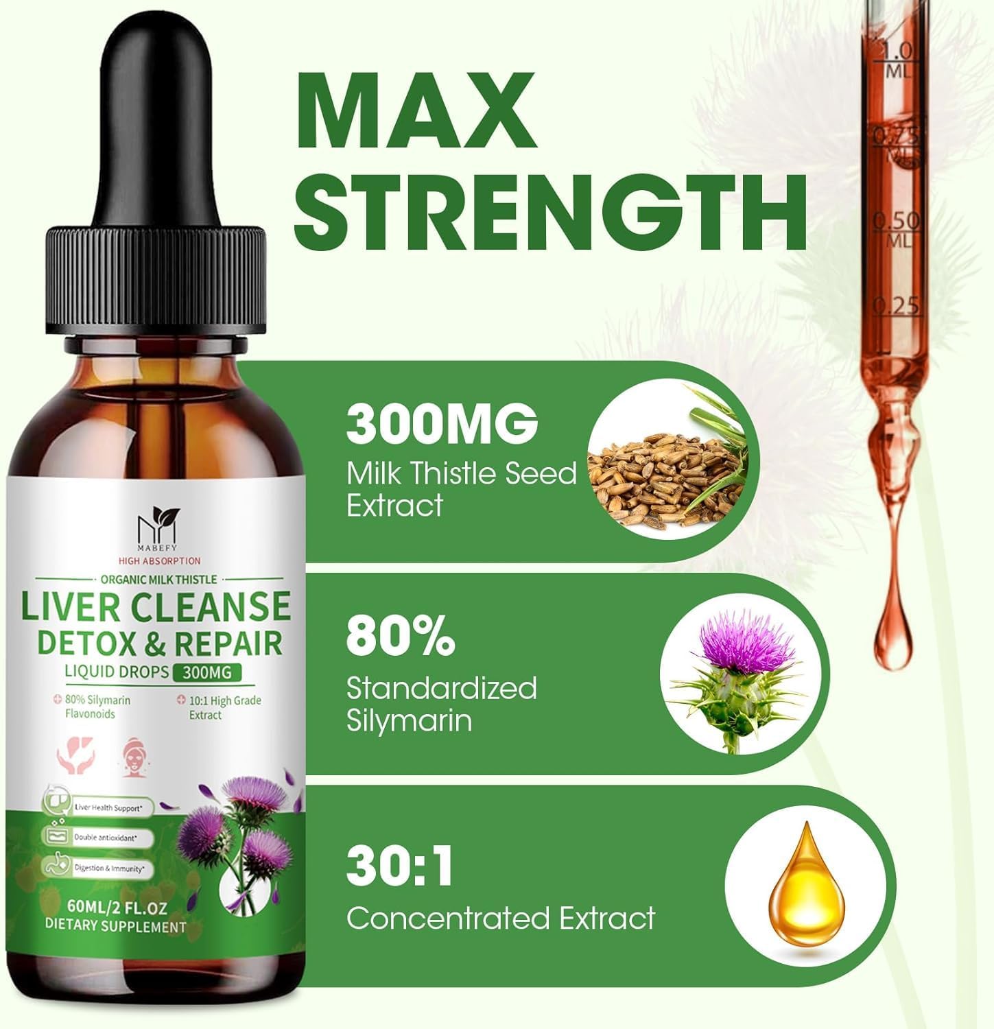 MABEFY Milk Thistle Drops bottle on counter ready to use.