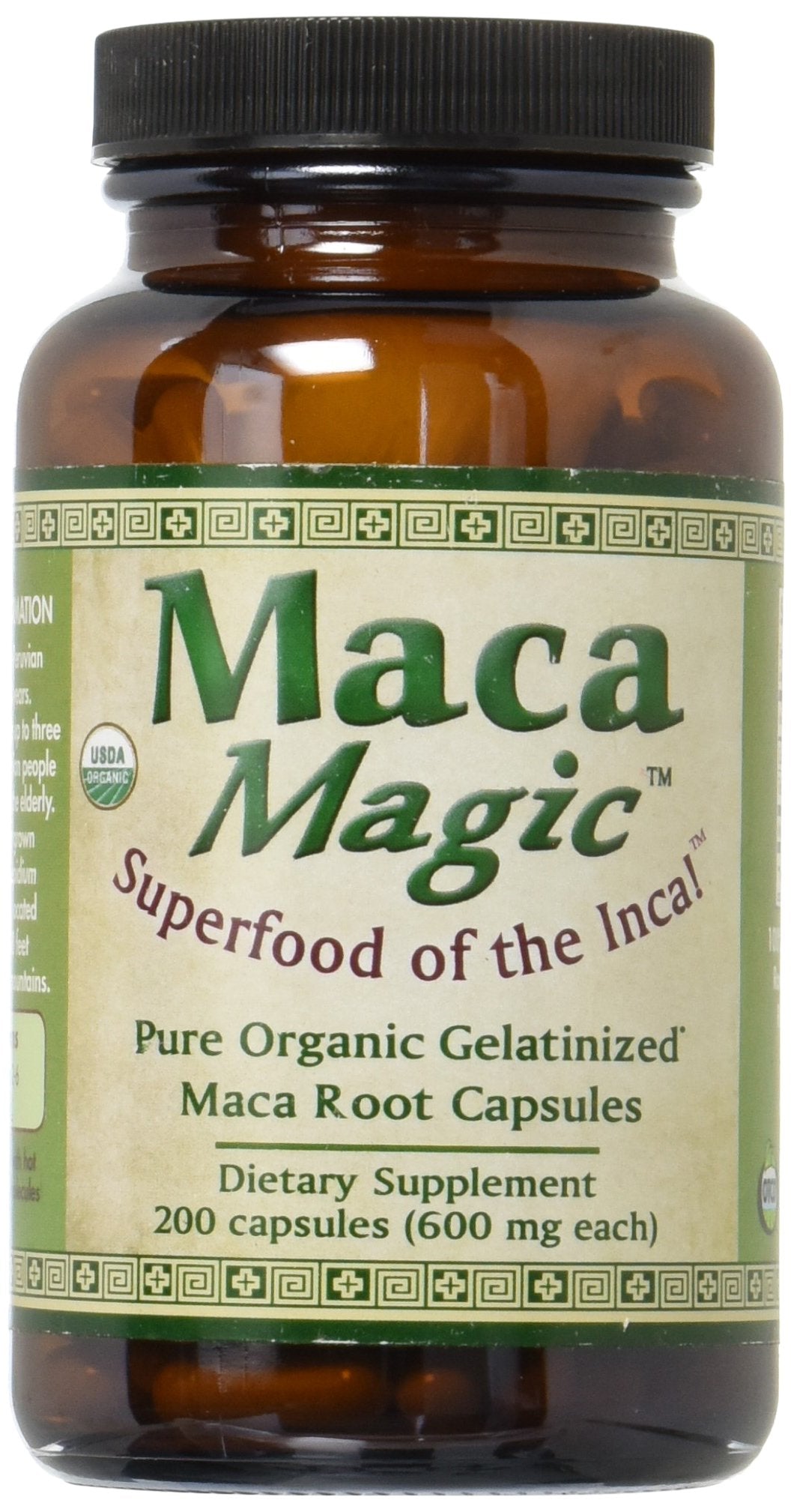 Maca Magic organic capsules bottle front, convenient daily wellness support.