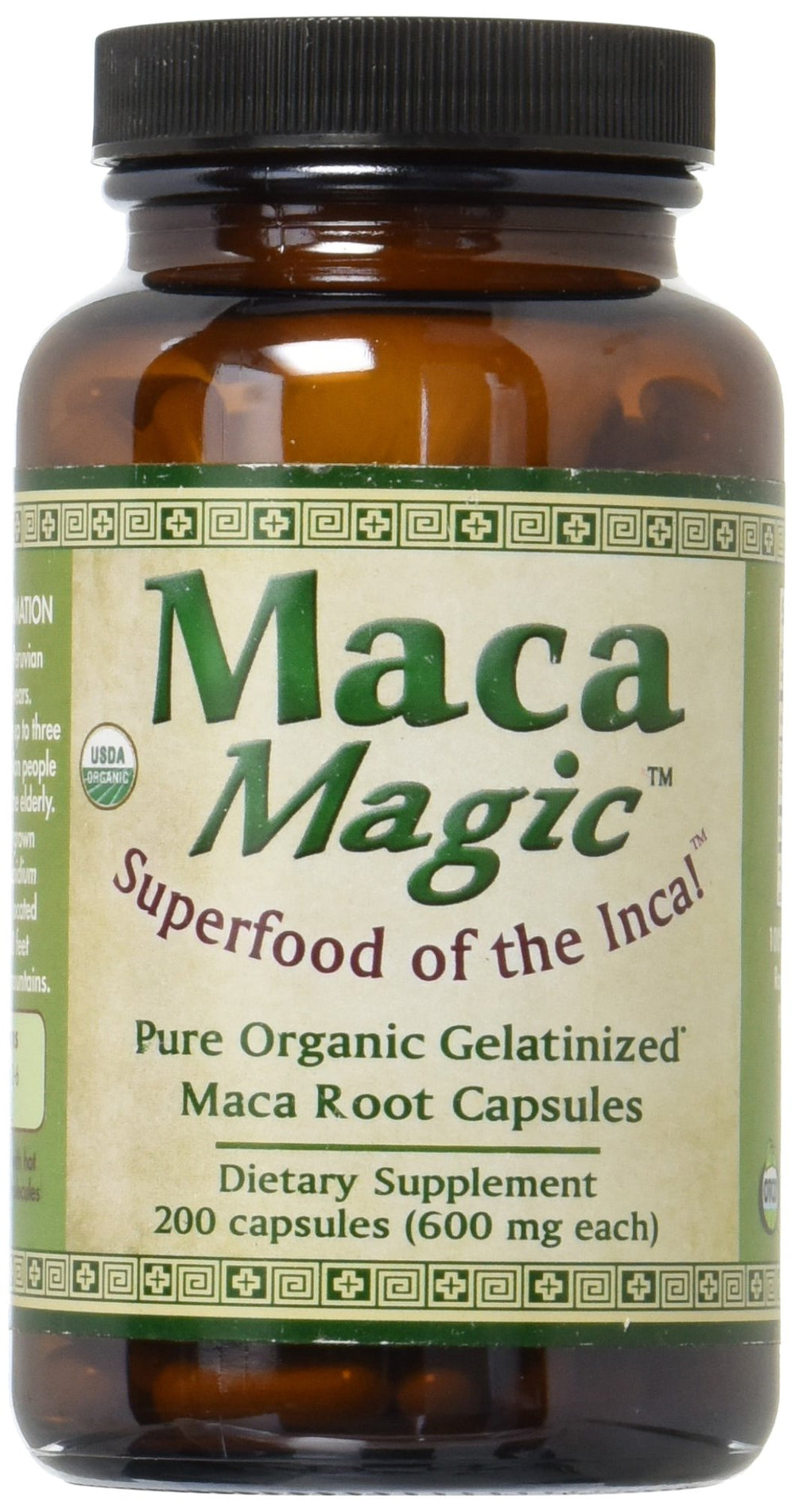 Maca Magic organic capsules bottle front, convenient daily wellness support.