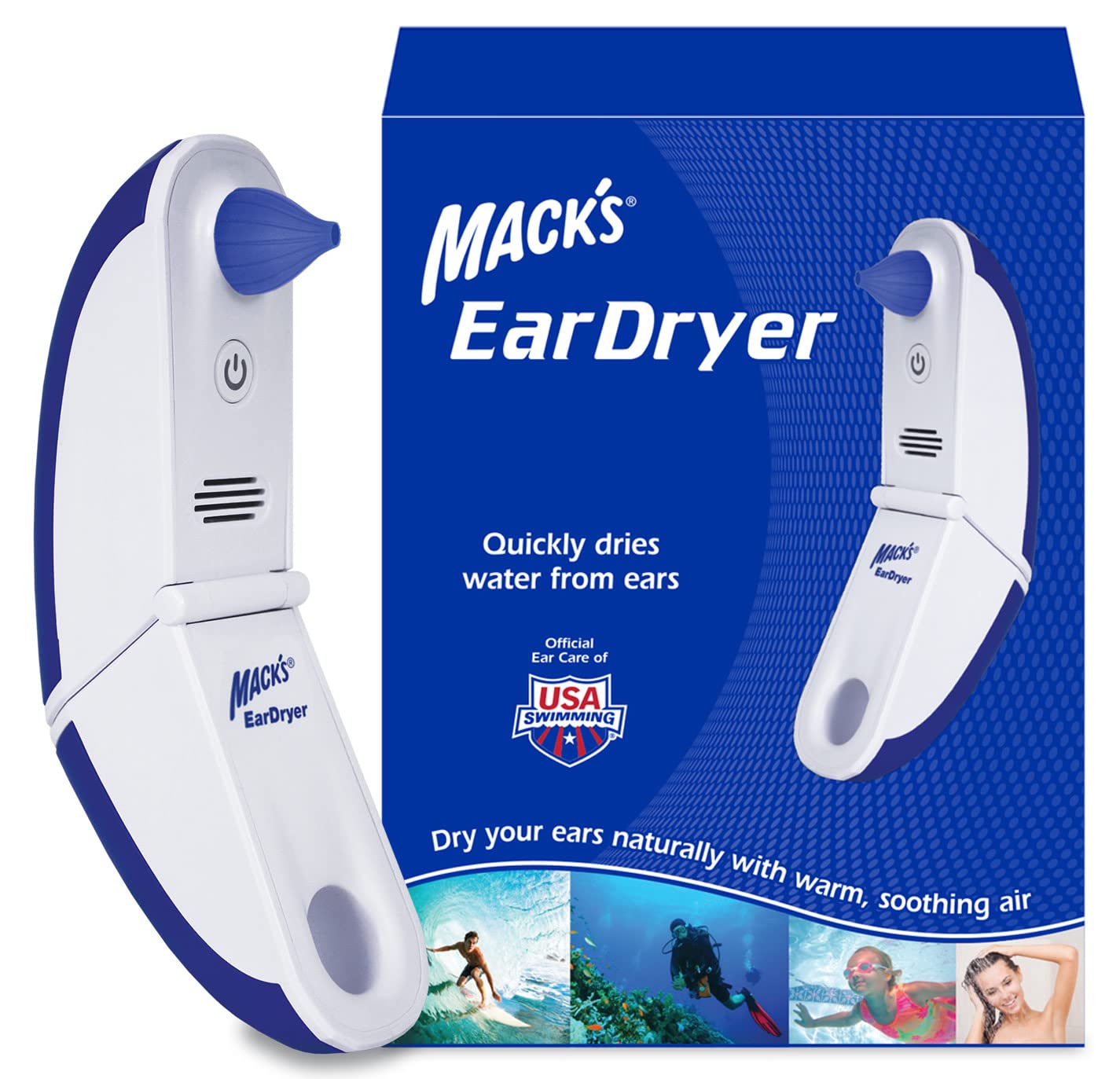 Mack's Ear Dryer front view showing compact, travel-friendly design for after-swim drying.