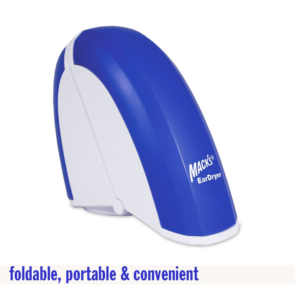 Mack's Ear Dryer near a hearing aid, demonstrating moisture relief use case.