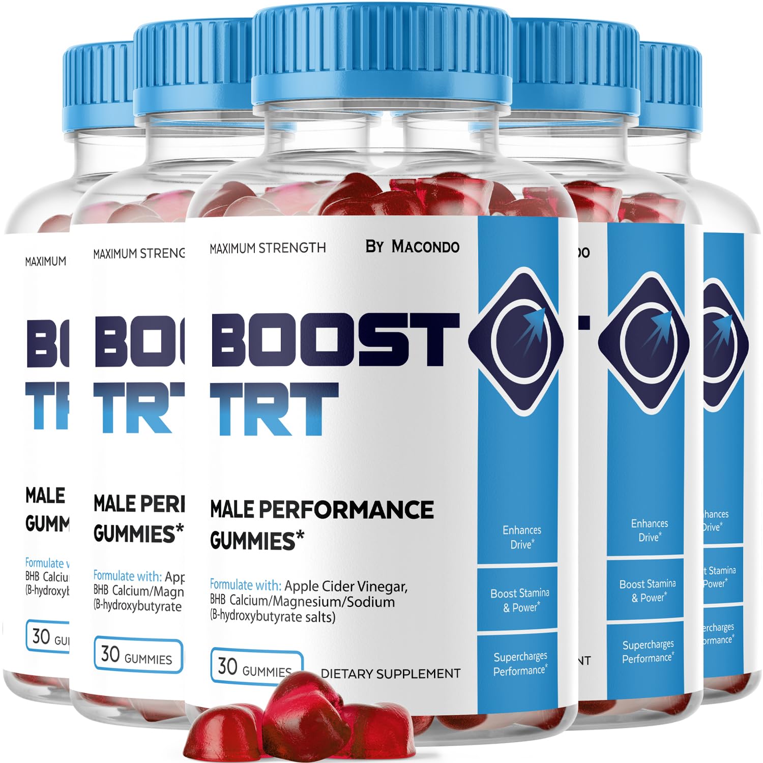 Macondo BoostTRT gummies bottle front, convenient daily energy companion.