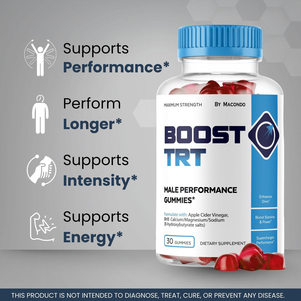 Macondo BoostTRT gummies bottle label, premium natural blend.