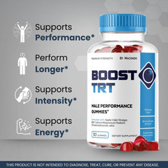 Macondo BoostTRT gummies bottle label, premium natural blend.