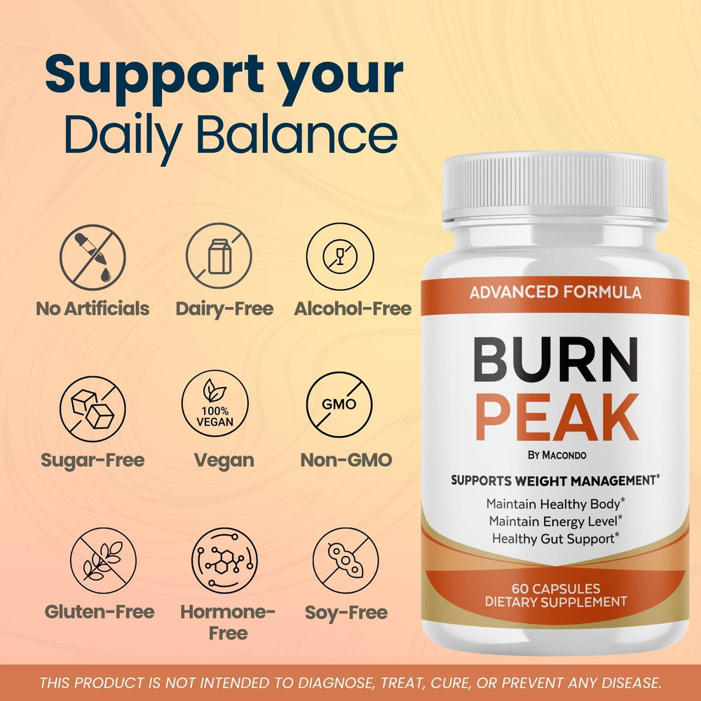 Macondo BurnPeak packaging communicates official formula for wellness support.