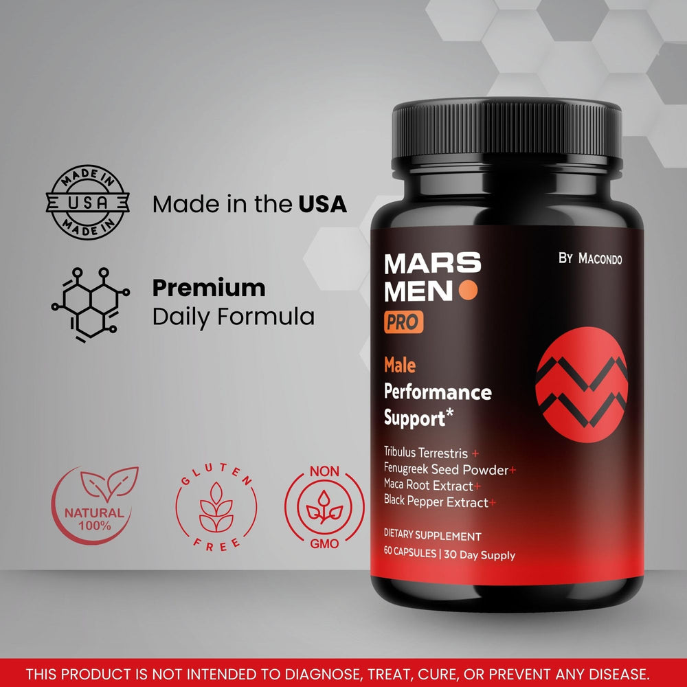 Macondo Mars Men Pro natural support capsules pouring from the bottle.