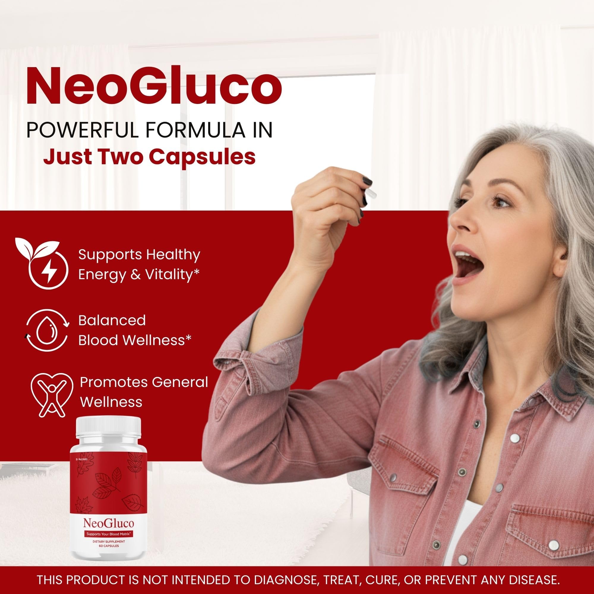 Macondo NeoGluco capsules closeup highlights easy daily health support.