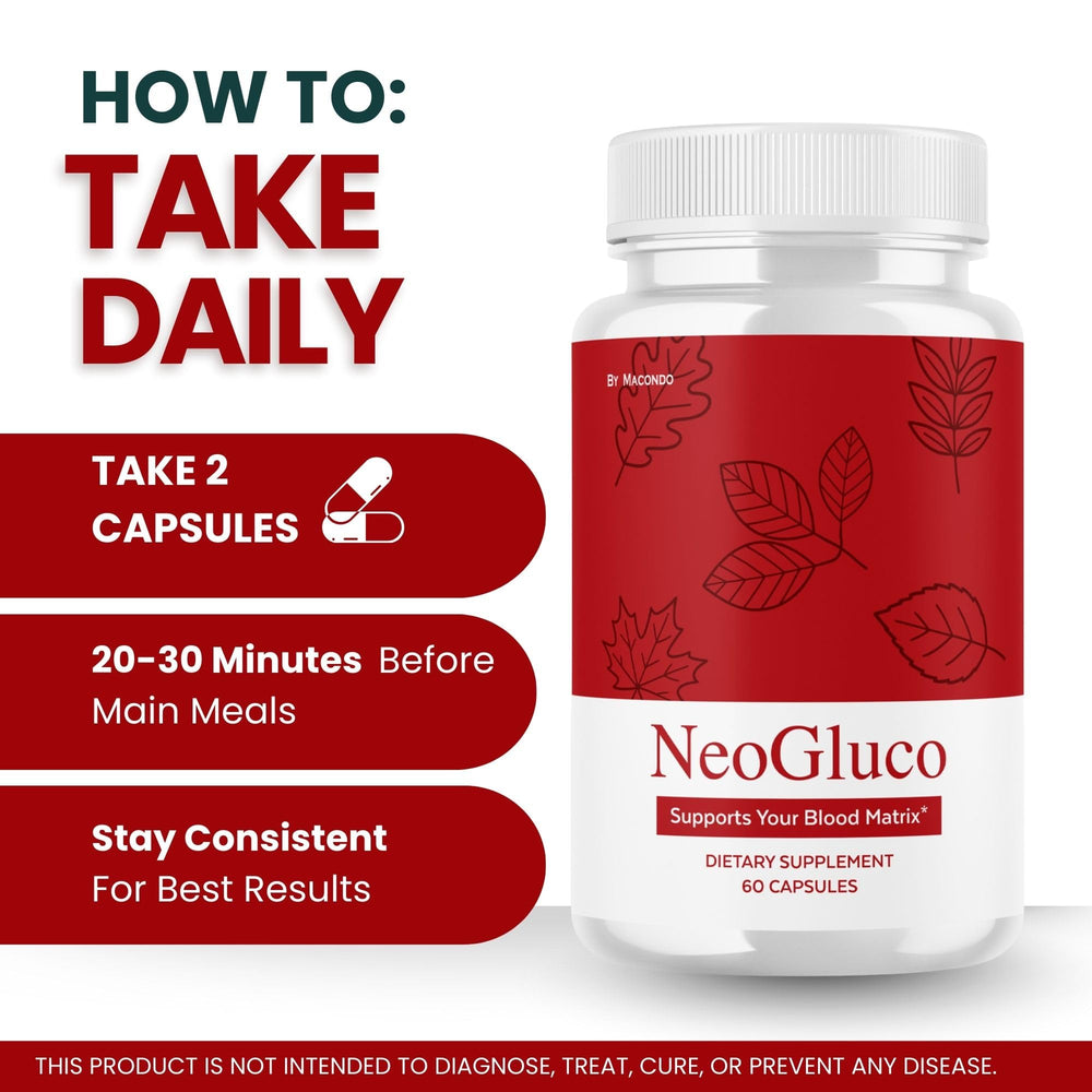 Macondo NeoGluco label back shows ingredients supporting natural vitality.