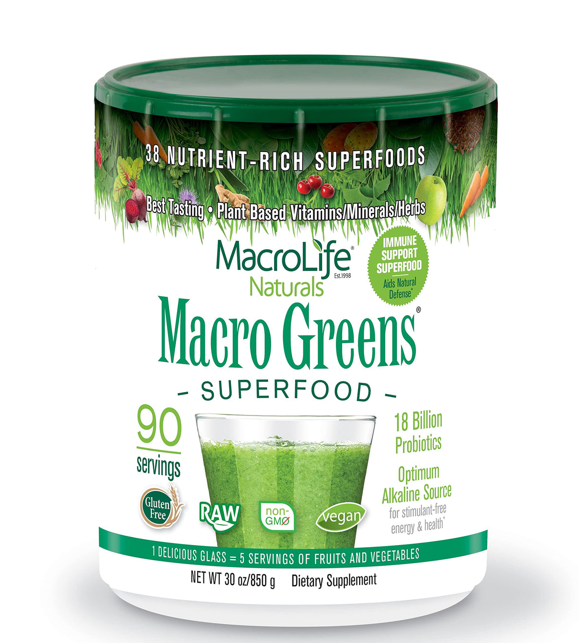 MacroLife Naturals Macro Greens bottle for daily greens boost.