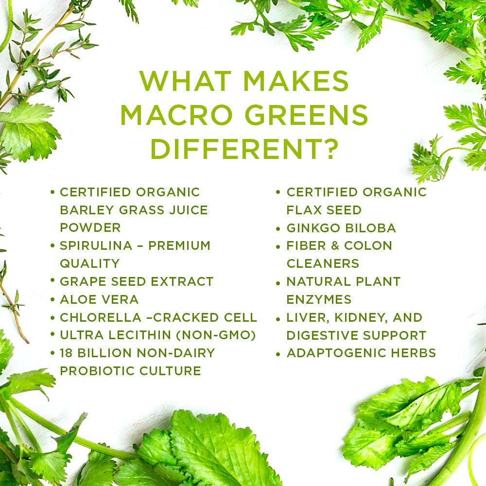 MacroLife Naturals Macro Greens on kitchen counter packaging.