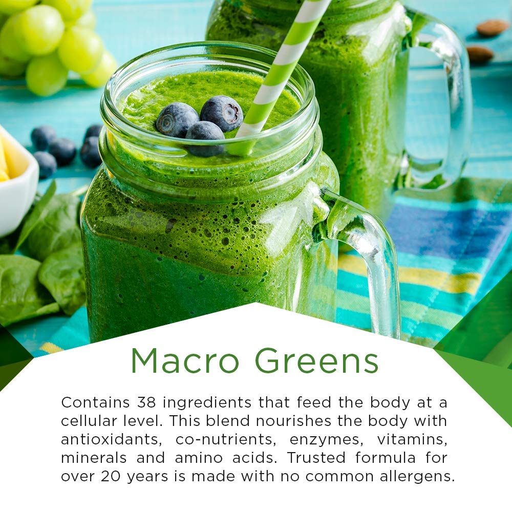 MacroLife Naturals Macro Greens ingredients chart highlights 38 superfoods.