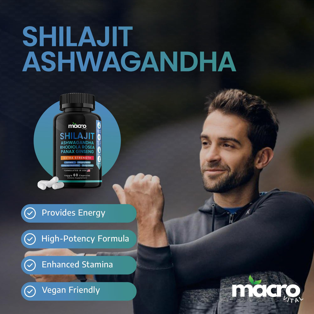 MACRO VITAL Ashwagandha-Rhodiola-Panax blend supports stress resilience.