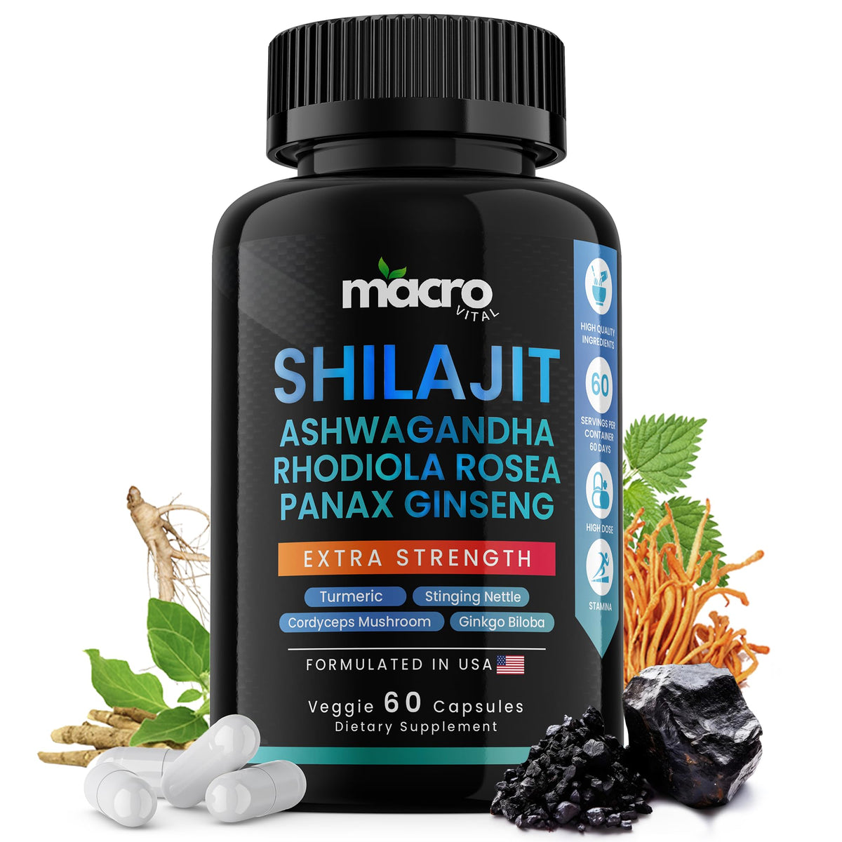 MACRO VITAL Shilajit capsules for sustained energy and focus.